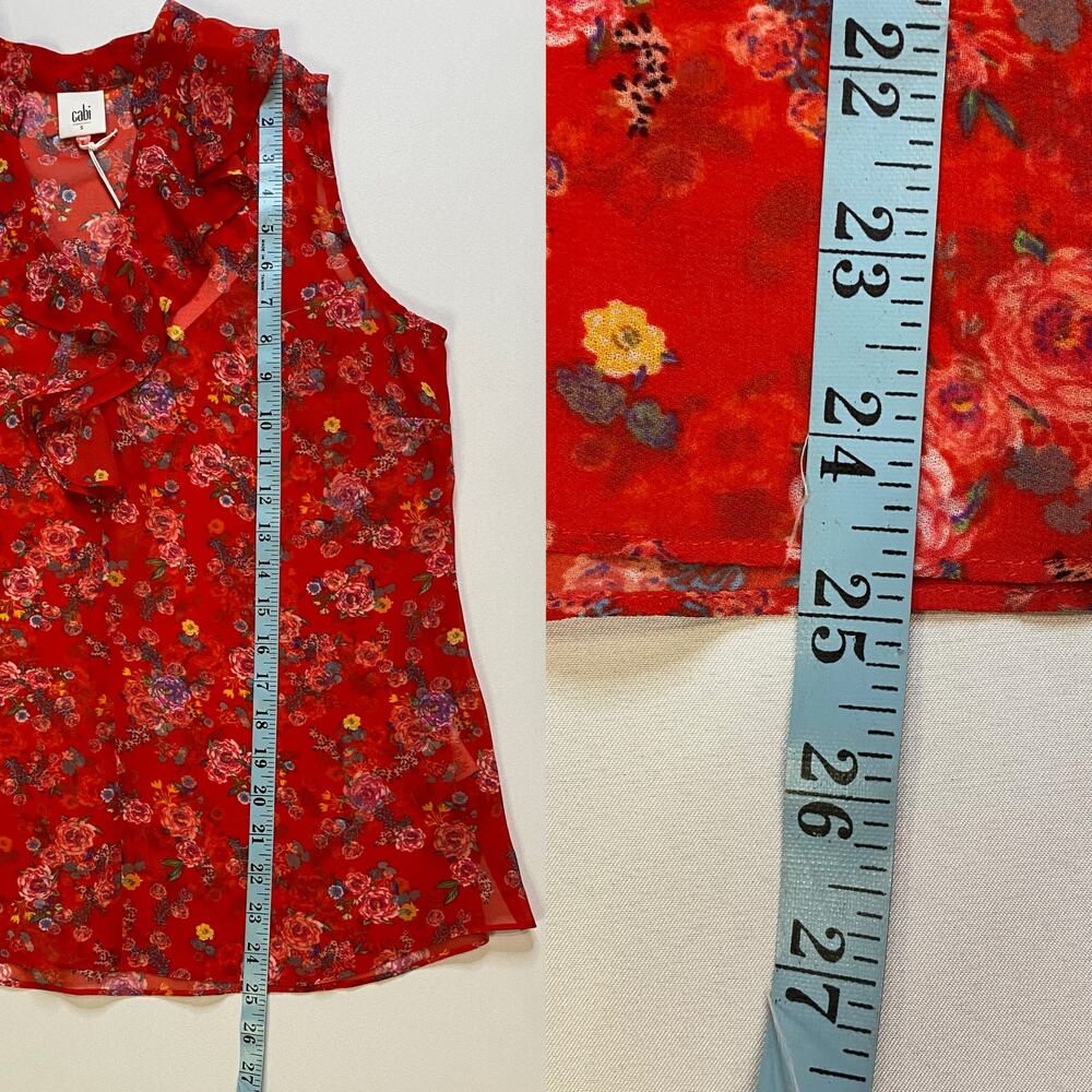 cAbi Crush Floral Ruffle Sleeveless Blouse Red Sheer Top Size S - Picture 13 of 17